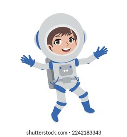 little kid wear astronaut costume and feel happy.