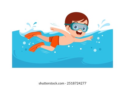 little kid wear flipper and do diving