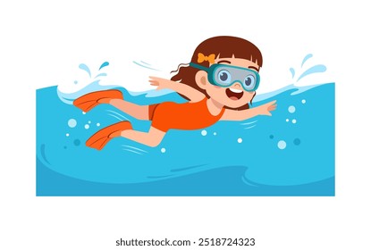 little kid wear flipper and do diving