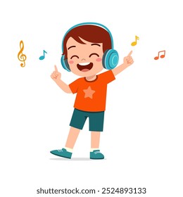 little kid wear headphone to listening music