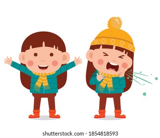 Little kid wear jacket in winter season. Child smile and feeling sick