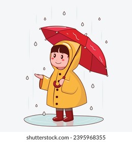 Little Kid wear a raincoat and using an umbrella in rain