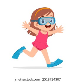 little kid wear swim goggles and fin while running