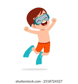 little kid wear swim goggles and fin while jumping