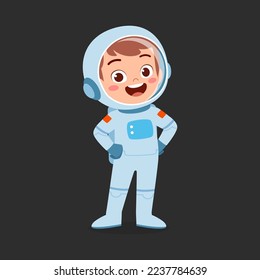 little kid wearing astronaut costume and feel happy