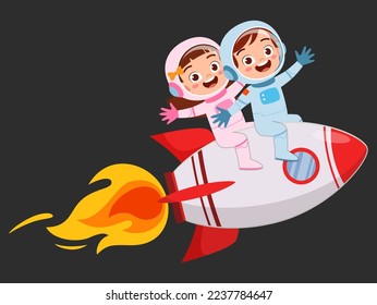 little kid wearing astronaut costume and riding spaceship