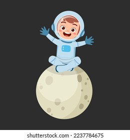 little kid wearing astronaut costume and sit on the little moon