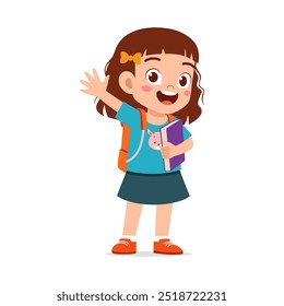 little kid wearing backpack and do waving hand