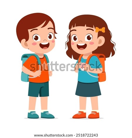little kid wearing backpack and ready to school with friend