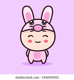 Little kid wearing a cut pink rabbit costume, cute pink rabbit costume flat design, kid wear pink rabbit costume character design for mascot logo