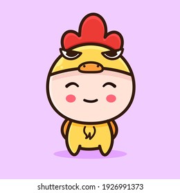 a little kid wearing a cute chicken costume, kid with chicken costume flat design style for mascot bussines,cute chicken costume for logo
