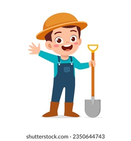 little kid wearing farmer costume and holding shovel