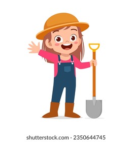 little kid wearing farmer costume and holding shovel