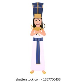 Little kid wearing nefertiti national egyptian costume, ancient historical godness or leader, golden headdress, symbols of power in hands, attire for carnival