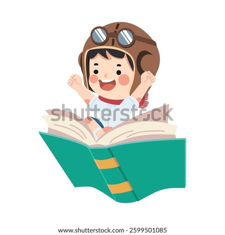 Little kid  wearing a pilot hat riding a book and fly  cartoon