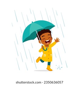 little kid wearing yellow rain coat in the rain and feel happy