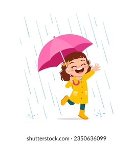 little kid wearing yellow rain coat in the rain and feel happy