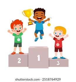 little kid win game and holding trophy