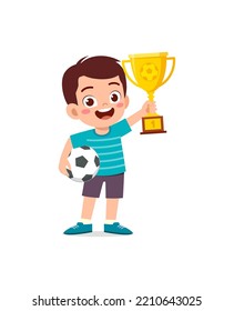 little kid win soccer competition and holding trophy