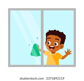 niño pequeño limpiando la ventana y sentirse feliz