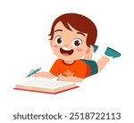 little kid writing a book while lying on stomach on the floor