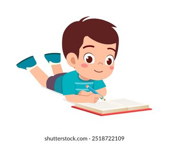 little kid writing a book while lying on stomach on the floor