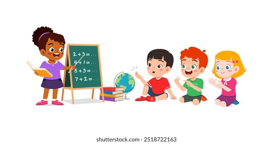little kid writing on blackboard with chalk to teach friend