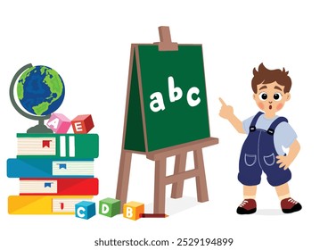 little kid writing and showing writing on blackboard with chalk to learn letters, vector and illustration