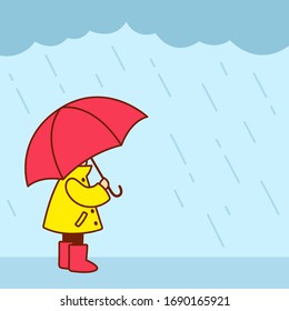 Little kid in yellow raincoat with rain boots and umbrella standing under rain. Cute and simple cartoon vector illustration.