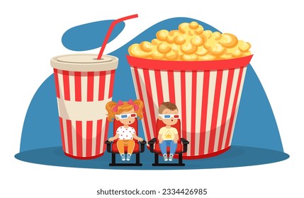 Little Kids in 3D Glasses Sitting and Watching Movie with Huge Popcorn and Coke Behind Vector Illustration