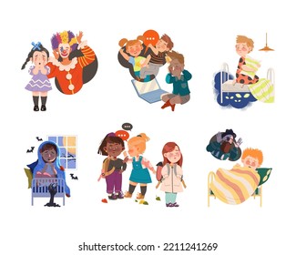 Little Kids Afraid and Scared of Different Creepy Things Crying and Having Stress Vector Set