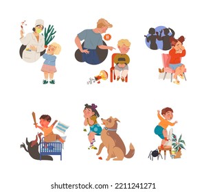 Little Kids Afraid and Scared of Different Creepy Things Crying and Having Stress Vector Set