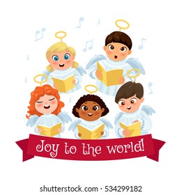 Little kids in angel costumes going Christmas caroling flat composition vector illustration