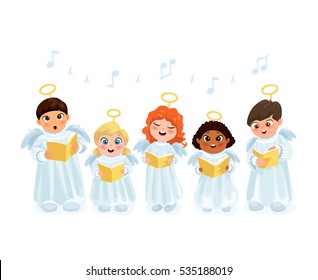 Little kids in angel costumes going Christmas caroling flat vector illustration