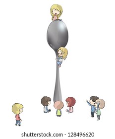 Little kids around spoon. Vector design.