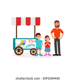 Little kids asking his father to buy ice cream. Dad spending time outdoor with his daughter and son. Flat vector design
