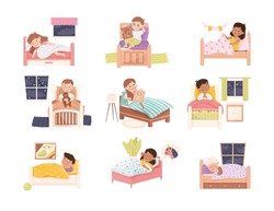 Little Kids In Bed Sleeping And Getting Ready To Night Rest Vector Set
