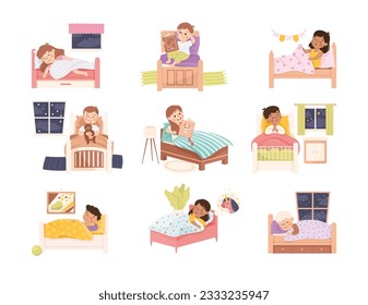 Niños pequeños en cama durmiendo y preparándose para el vector nocturno