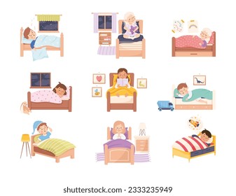 Little Kids in Bed Sleeping and Getting Ready to Night Rest Vector Set