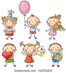 Little kids with birthday party things