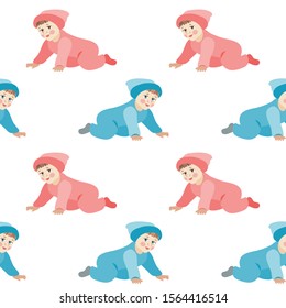 Little kids in blue and pink baby suits and hat, standing on all fours. Vector illustration, seamless pattern, isolated on white.