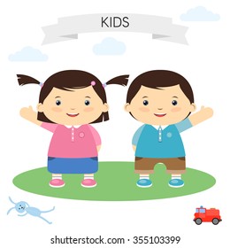 Little kids boy and girl, brother and sister, toy red car and blue bunny. Flat design Vector illustration