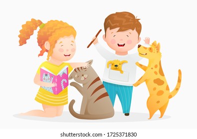 Little kids Boy and girl playing with pets. Children playing with animals dog and cat, stroking, reading a book to kitten, throwing stick to dog. Vector watercolor style hand drawn cartoon for kids.