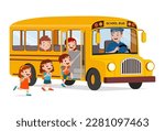 little kids boy and girl ride school bus and go to school