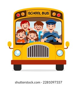 little kids boy and girl ride school bus and go to school