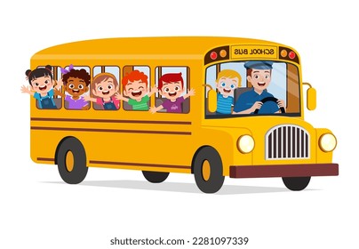 little kids boy and girl ride school bus and go to school