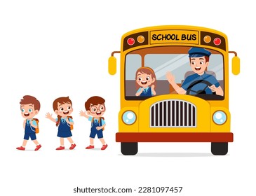 little kids boy and girl ride school bus and go home from school