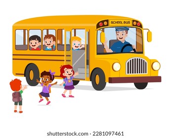 little kids boy and girl ride school bus and go home from school