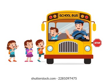 little kids boy and girl ride school bus and go to school