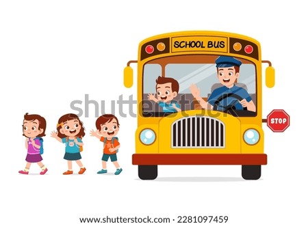 little kids boy and girl ride school bus and go home from school